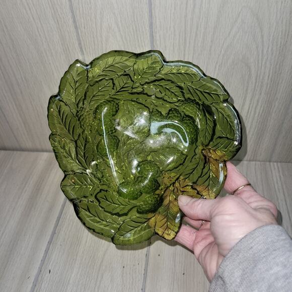 Vtg Avacado Green Leaf Art Glass Candy Bowl Trinket Dish MCM Retro - Picture 5 of 6